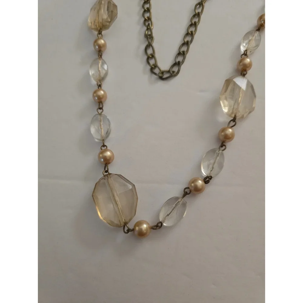 Champagne Faceted Bead Long Station Necklace Brass Tone long length